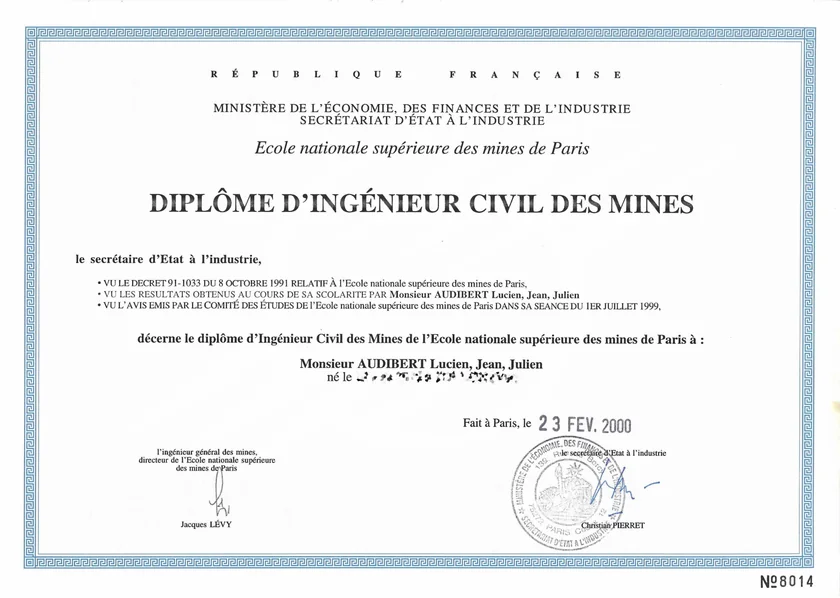 Diplôme d'ingénieur civil des mines, École nationale supérieure des mines de Paris, décerné à Lucien Audibert en 2000