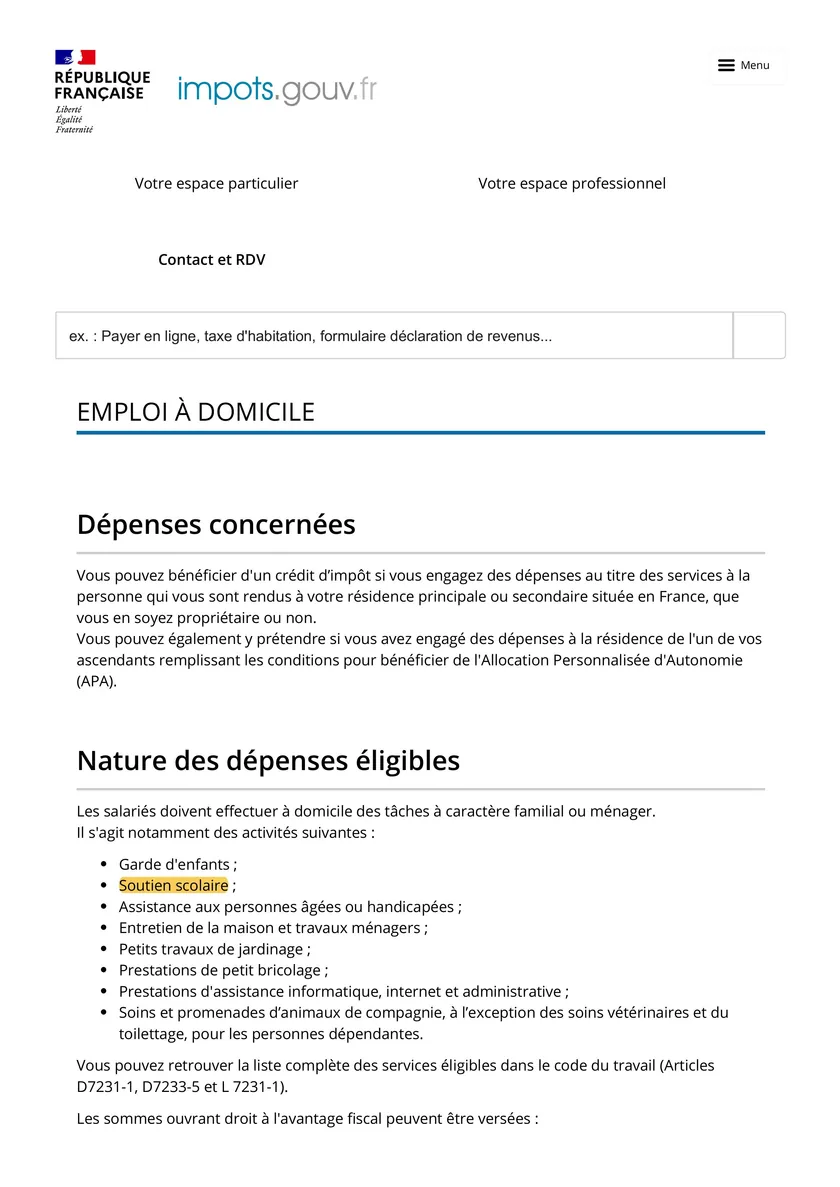 Capture du site impots.gouv.fr : emploi à domicile, soutien scolaire surligné