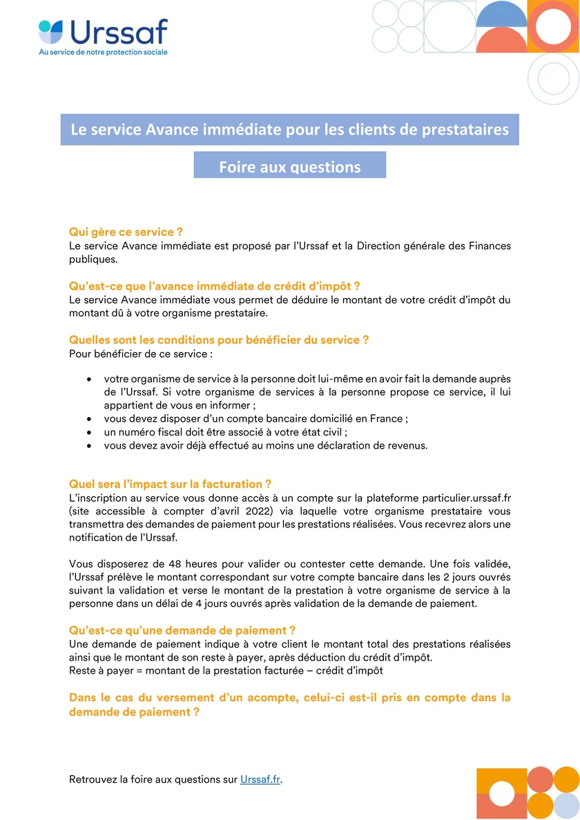Foire aux questions Urssaf : service Avance immédiate pour les clients de prestataires