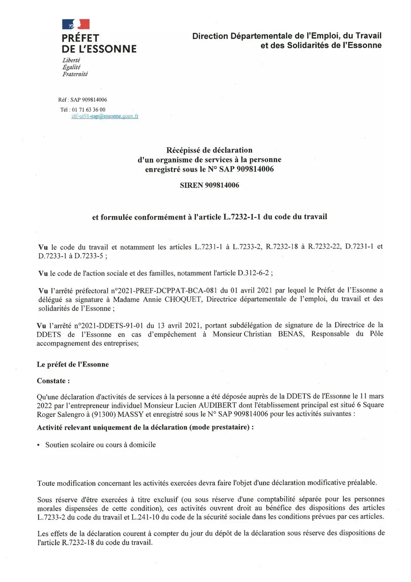 Récépissé de déclaration d'organisme de services à la personne : SAP 909814006