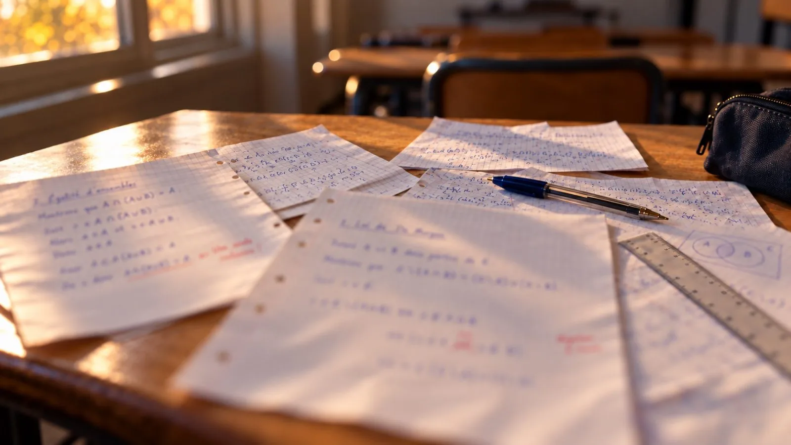 Copies de devoir surveillé et feuilles de brouillon sur une table de classe préparatoire, en fin de journée d'automne